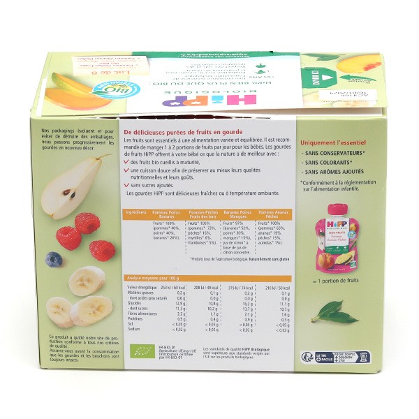 Hipp Gourdes de compotes multifruits bio pour bébé de 4 à 6 mois