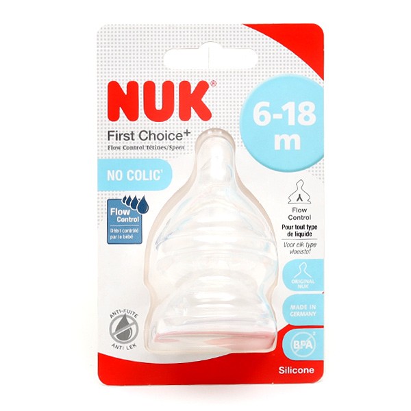 NUK biberon First Choice+ Flow Control, 6-18 mois, Contrôle de  température, Tétine en silicone, Valve anti-coliques, Sans BPA, 360 ml, Bleu