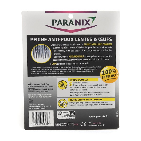 Peigne anti-poux lentes et oeufs Paranix - éliminer les poux