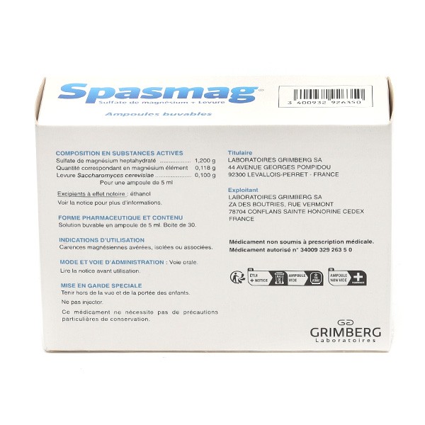 Spasmag Sulfate de Magnésium, Levure 30 ampoules buvable - Archange  Pharmacie en ligne