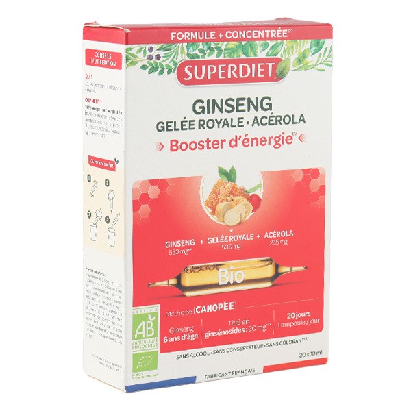 Super Diet Ginseng Gelée royale Acérola Booster d'énergie bio ampoules