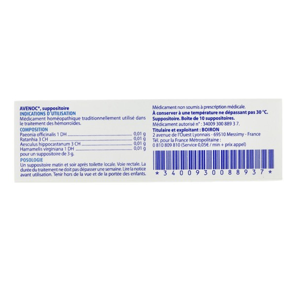 Avenoc 10 Suppositoires Homeopathiques Pour Hemorroides Boiron