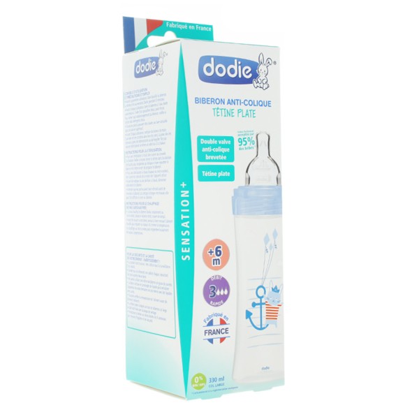 Biberon anti colique Dodie Sensation+ col largeTétine plate 0-6 mois